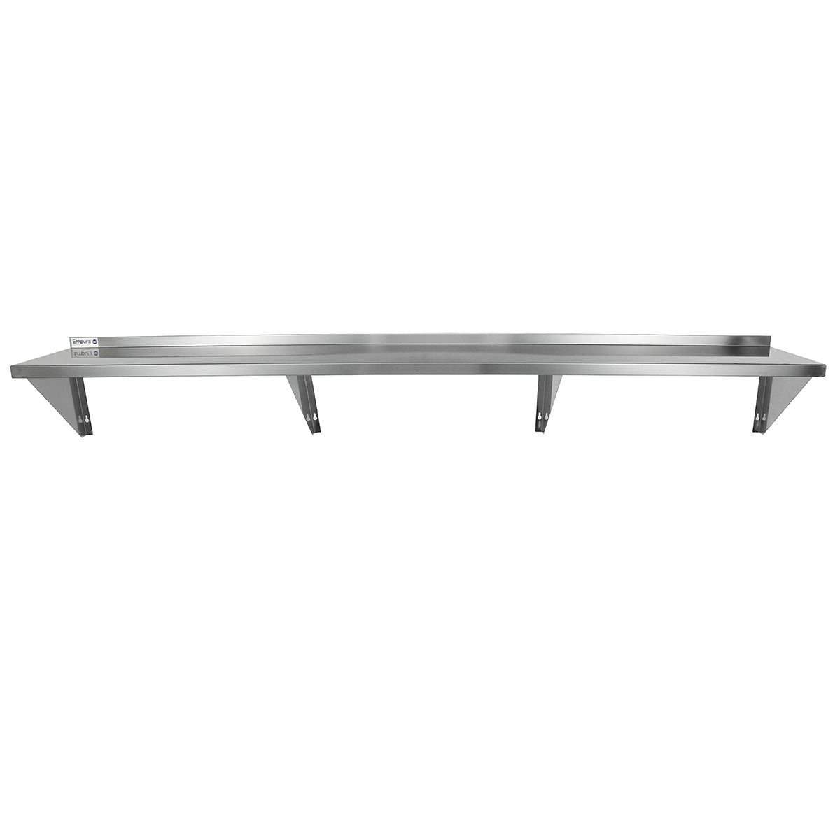A long, silver NSF stainless steel wall mount storage shelf with three angled support brackets underneath. The shelf features a small upturned lip at the back edge and is photographed against a plain white background.
