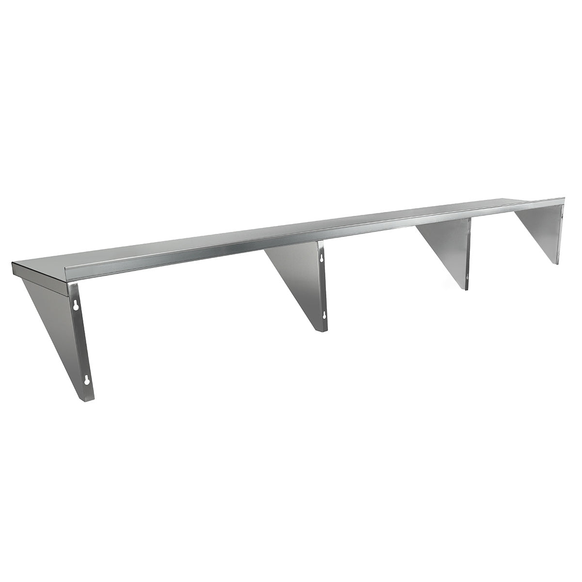 A long, stainless steel shelf with a smooth surface, supported by four triangular metal brackets for heavy-duty storage or display; this NSF wall mount storage shelf is ideal for kitchens, garages, or industrial settings.