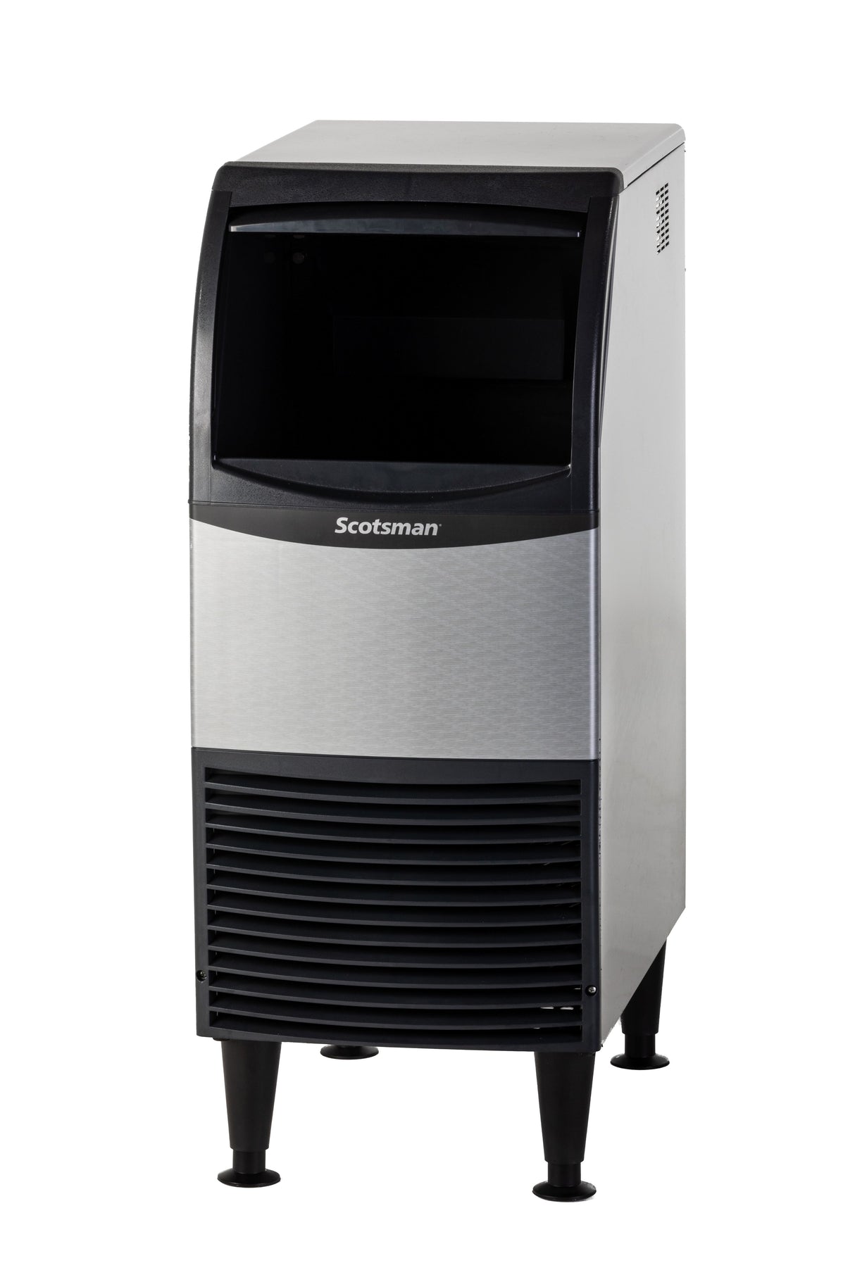 A silver and black Scotsman ice maker stands on four legs. It has a top opening for ice retrieval, a vented lower front panel, and a smooth stainless steel exterior. This tall, rectangular ADA compliant ice maker is ideal for restaurants or bars.