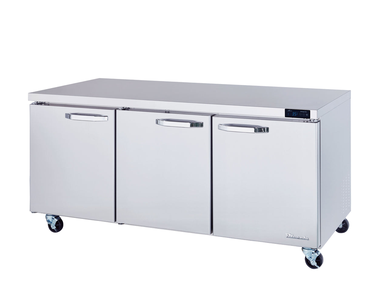 A sleek, modern stainless steel commercial refrigerator with three swing doors, a flat top, and four caster wheels. The control panel with digital display sits on the top right corner—ideal for any kitchen, food service, or as an undercounter refrigerator.