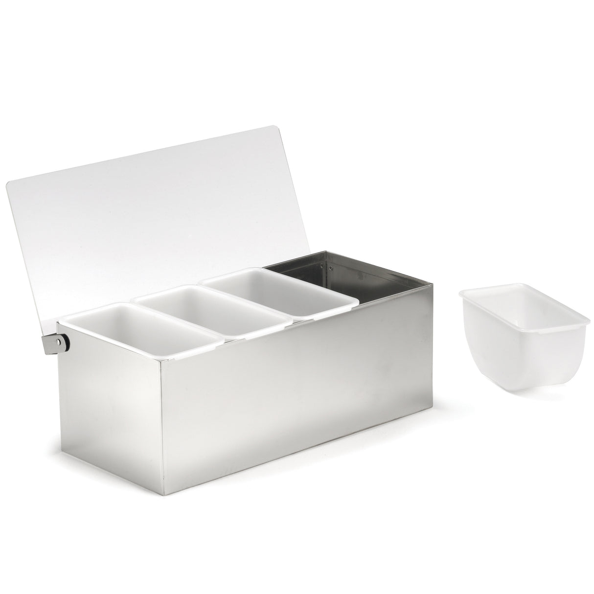 A stainless steel condiment holder with an open hinged lid reveals four removable white plastic containers inside. One container is placed outside the holder, showing it is separate and dishwasher safe. The background is plain white.