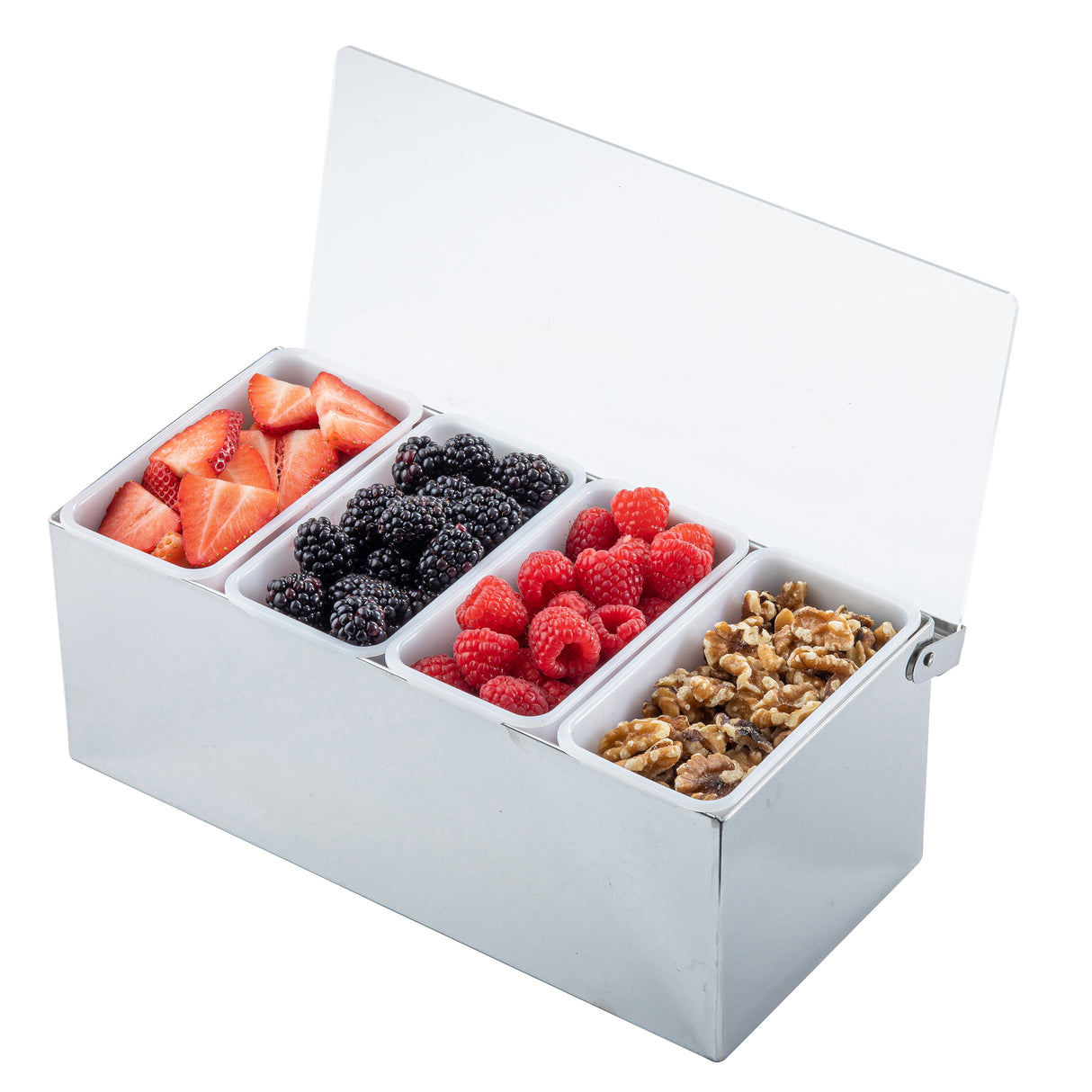 A stainless steel condiment holder with a transparent lid features four compartments filled with sliced strawberries, blackberries, raspberries, and walnuts arranged neatly from left to right. The container is also dishwasher safe for easy cleaning.