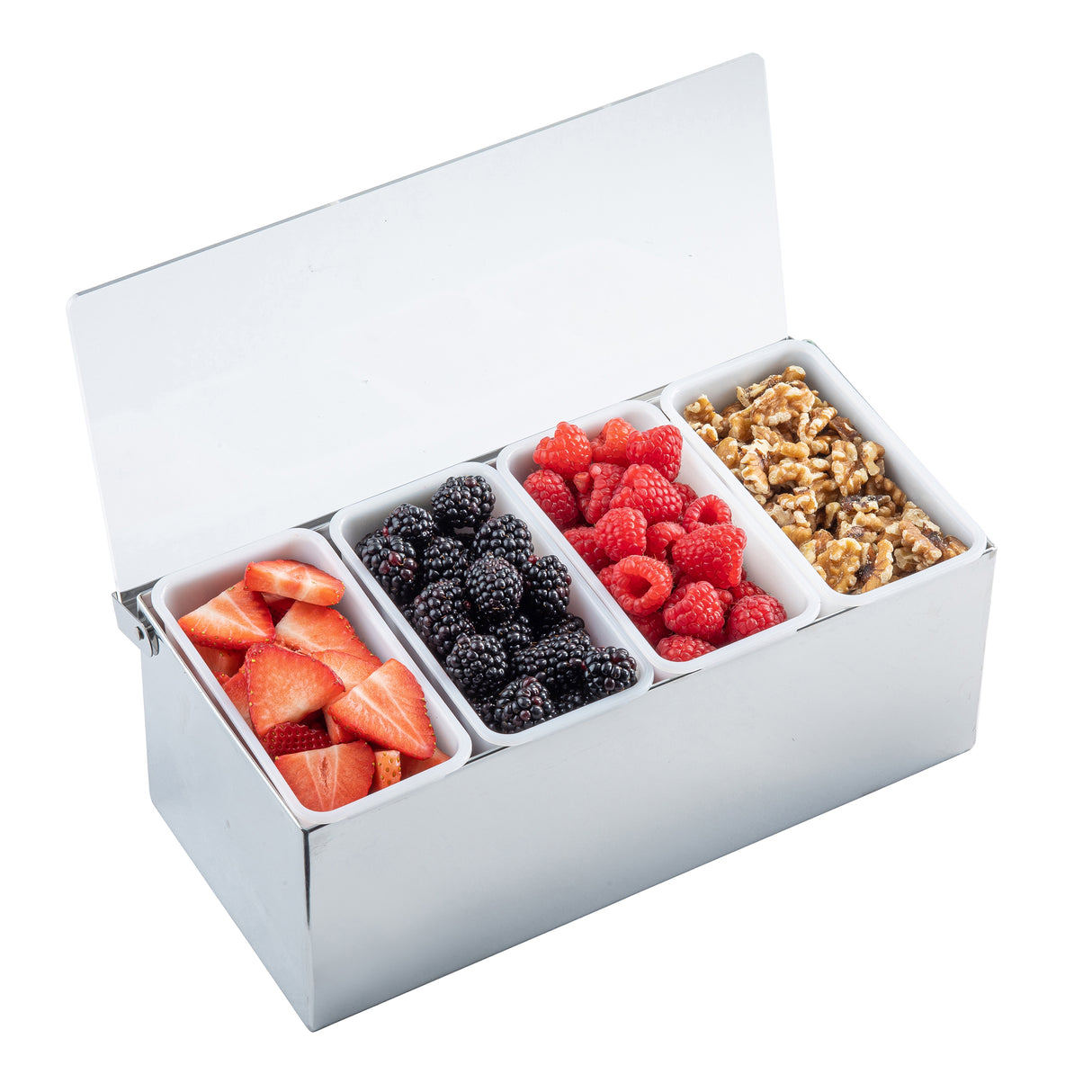 A stainless steel condiment holder with four rectangular compartments holds sliced strawberries, blackberries, raspberries, and walnut halves, all arranged neatly. The open lid displays the fresh ingredients inside.