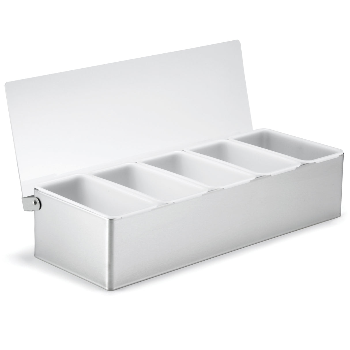 A rectangular stainless steel condiment holder with a hinged lid stands open, displaying five separate white plastic, dishwasher safe compartments for organized storage of garnishes or condiments, commonly used in bar or food service settings.