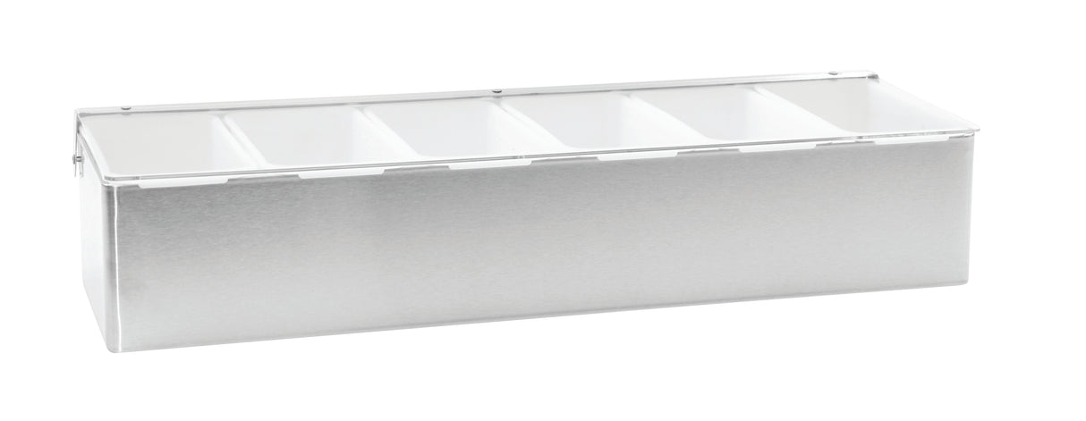 A stainless steel condiment holder with a hinged clear lid features 6 compartments for organizing items. The sleek rectangular design and evenly spaced white plastic inserts make it ideal for efficient storage. Background is plain white.