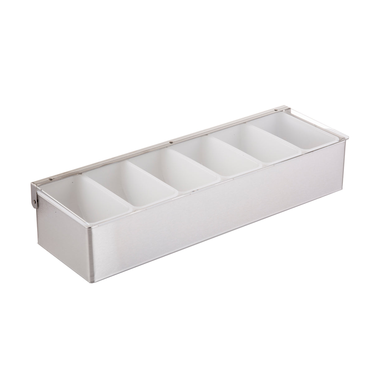 A stainless steel condiment holder with 6 compartments and white plastic inserts, viewed from an angle. The rectangular container is empty and has a sleek, modern design, perfect for organizing condiments or garnishes in bars or kitchens.