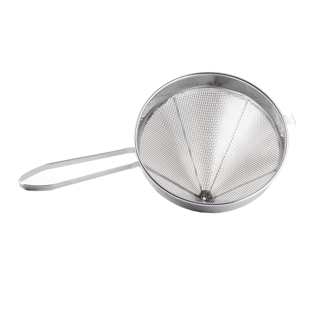 A heavy duty stainless steel strainer with a conical shape and long flat handle, this China Cap Strainer is ideal for sifting or straining foods. The strainer is clean and displayed on a white background.