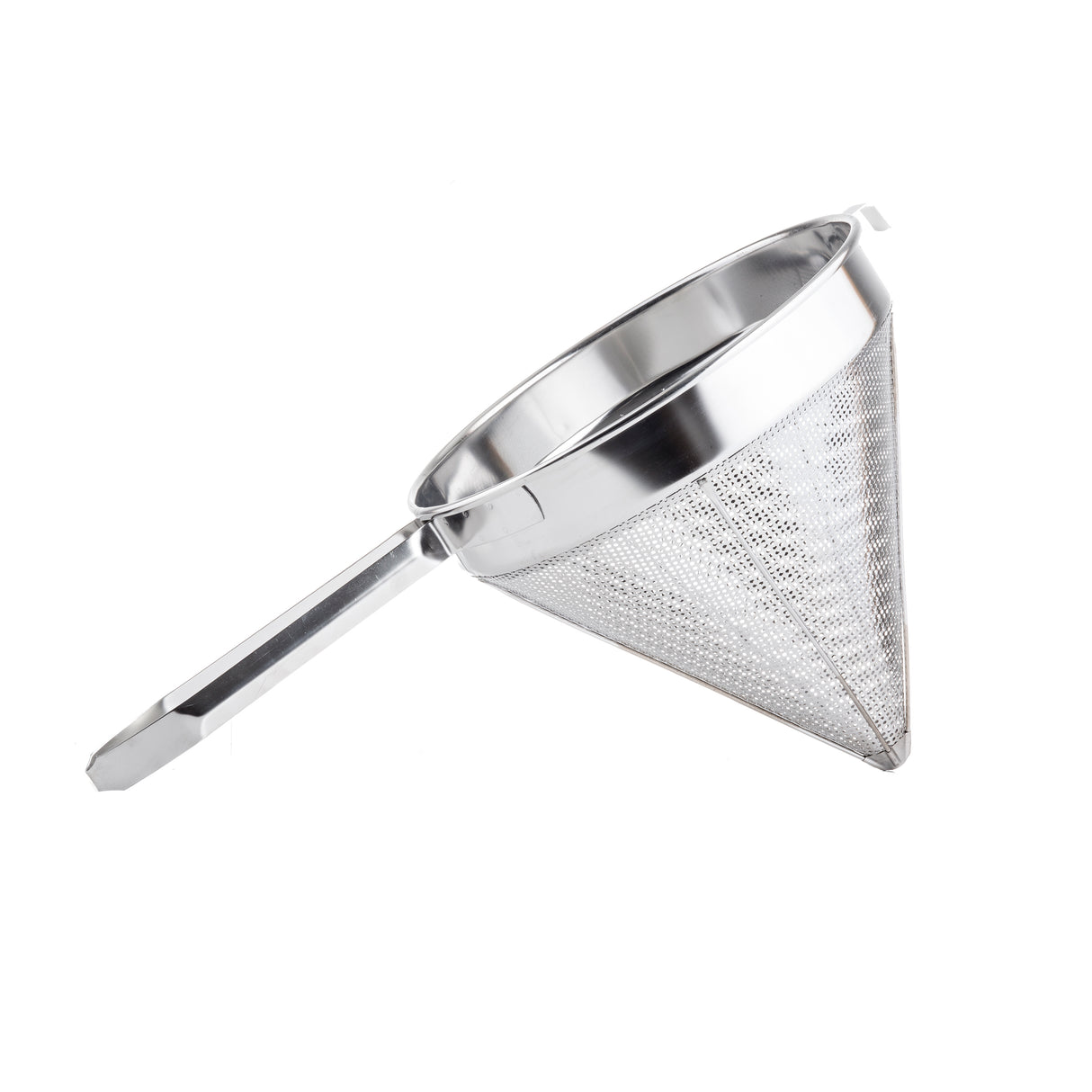 A stainless steel strainer with fine mesh, long flat handle, and a rim hook. This heavy duty strainer is angled to showcase its pointed end and smooth, reflective surface against a white background.