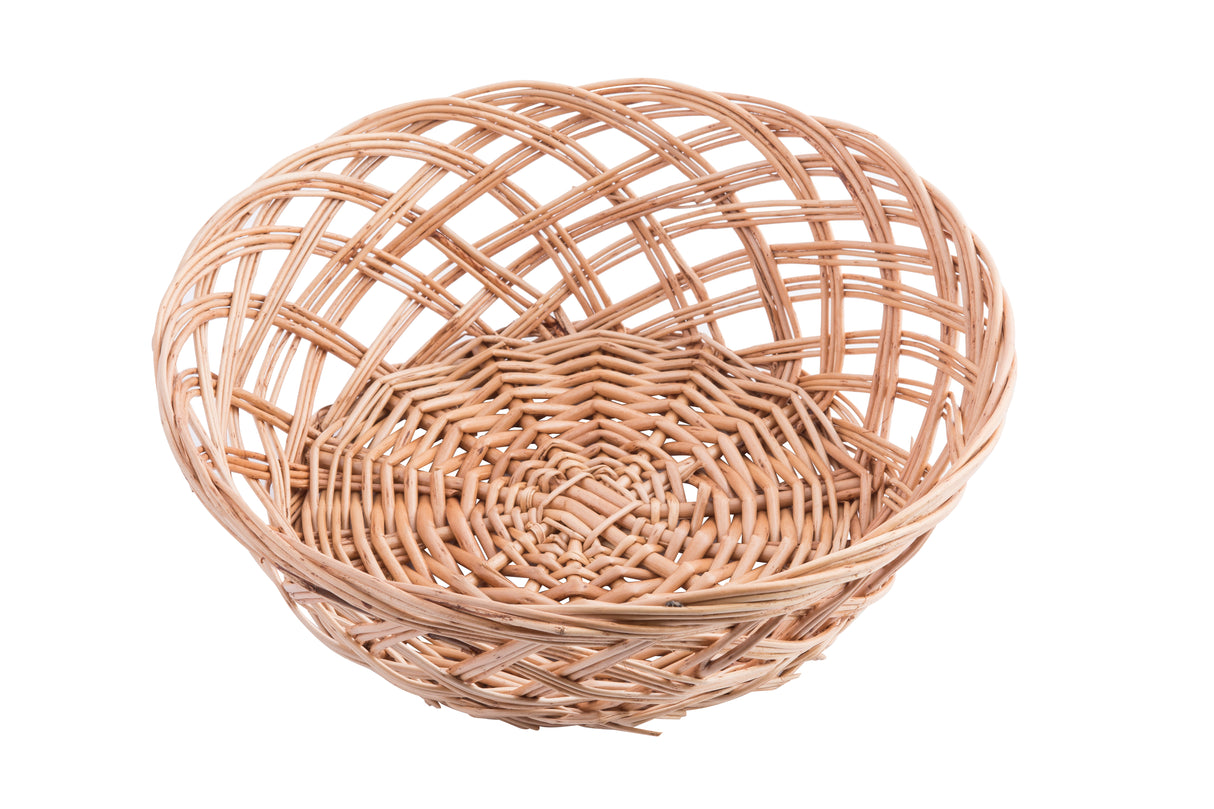 A round, empty handwoven basket with an open weave pattern. This light brown willow basket is made from natural materials, shown from a top angle on a white background. The weaving is crisscrossed along the sides and tighter at the base.