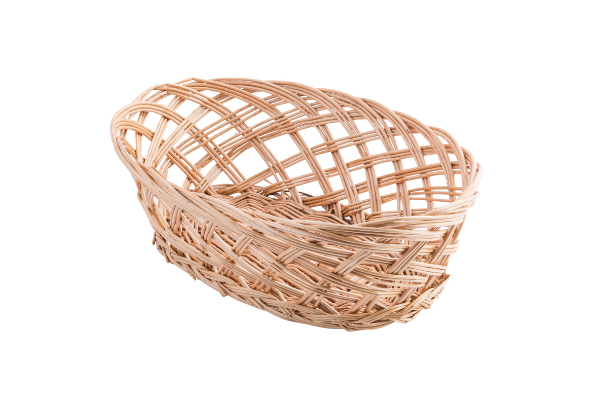 A small, empty, oval basket with an open pattern, handwoven from light-colored natural fibers and isolated on a white background. The willow basket’s visible, slightly uneven weave highlights its charming handmade appearance.