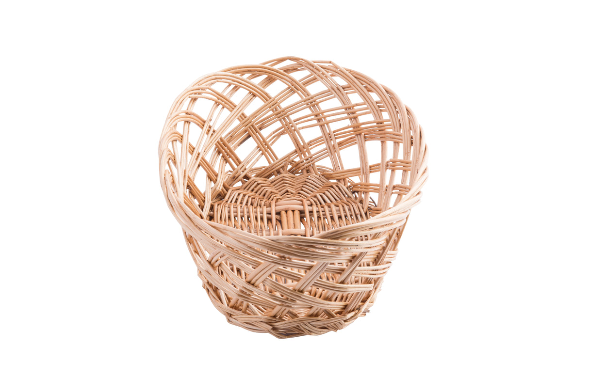 A round, empty, handwoven wicker basket with a crisscross pattern. The light brown basket is shown against a plain white background, with the open top facing upward and the intricate weaving visible.