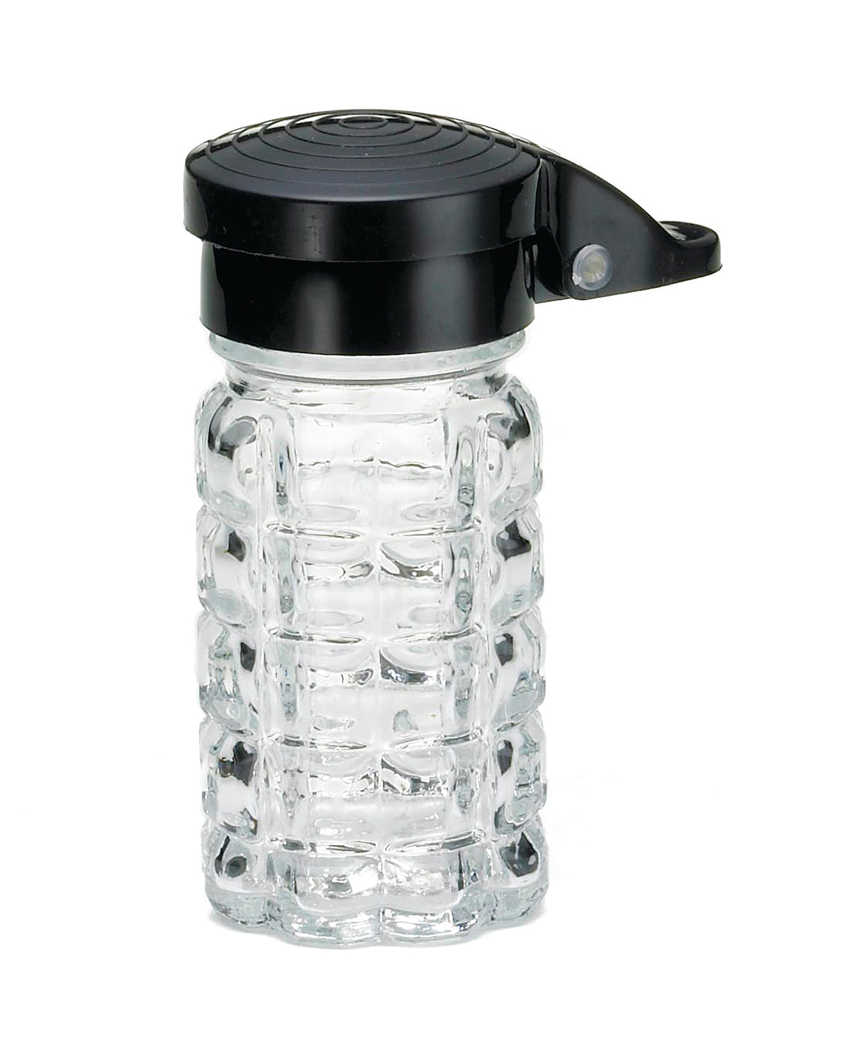 A clear, textured glass soy sauce dispenser with a cylindrical shape. It features a black twist-on lid, moisture proof spout with a small button for controlled pouring. The raised square pattern offers grip, and it’s dishwasher safe for easy cleaning.