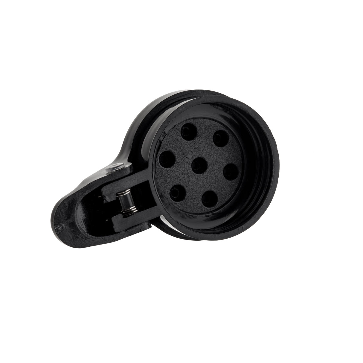 A black, circular plastic socket with six round holes and a hinged cover, shown on a white background. The moisture proof socket features a visible metal spring on the left side, part of the cover mechanism.