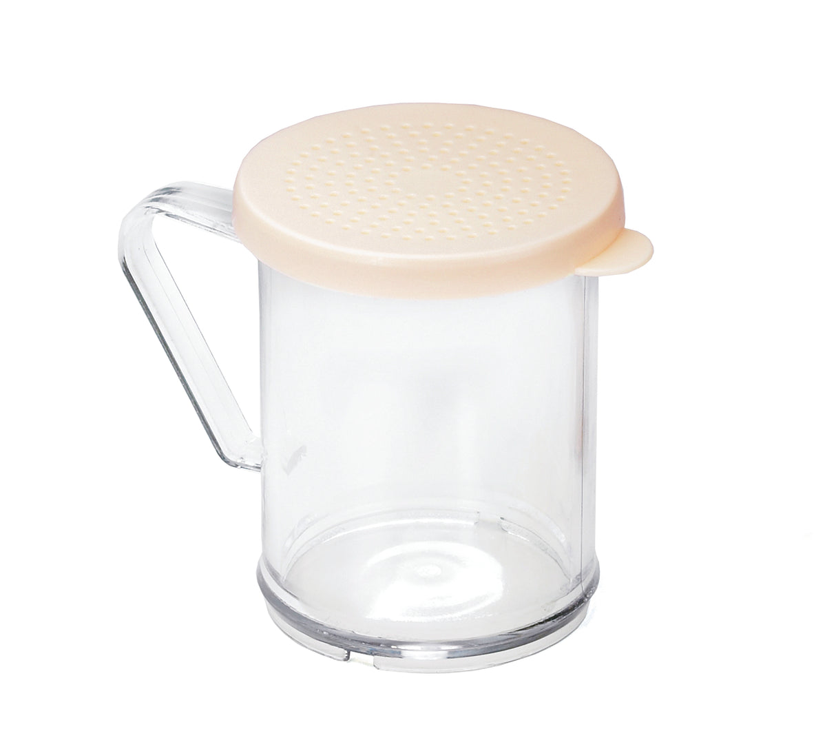 A clear plastic dredge shaker with a handle and a light beige, perforated lid. This BPA free container is cylindrical, with evenly spaced holes on the lid for sprinkling powders. The plain white background highlights its simple design.