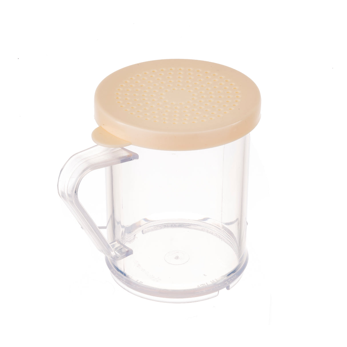 A BPA free clear plastic dredge shaker with a handle and a beige, perforated lid. The lid features small, evenly spaced holes. This empty container is photographed against a white background and is dishwasher safe for easy cleaning.
