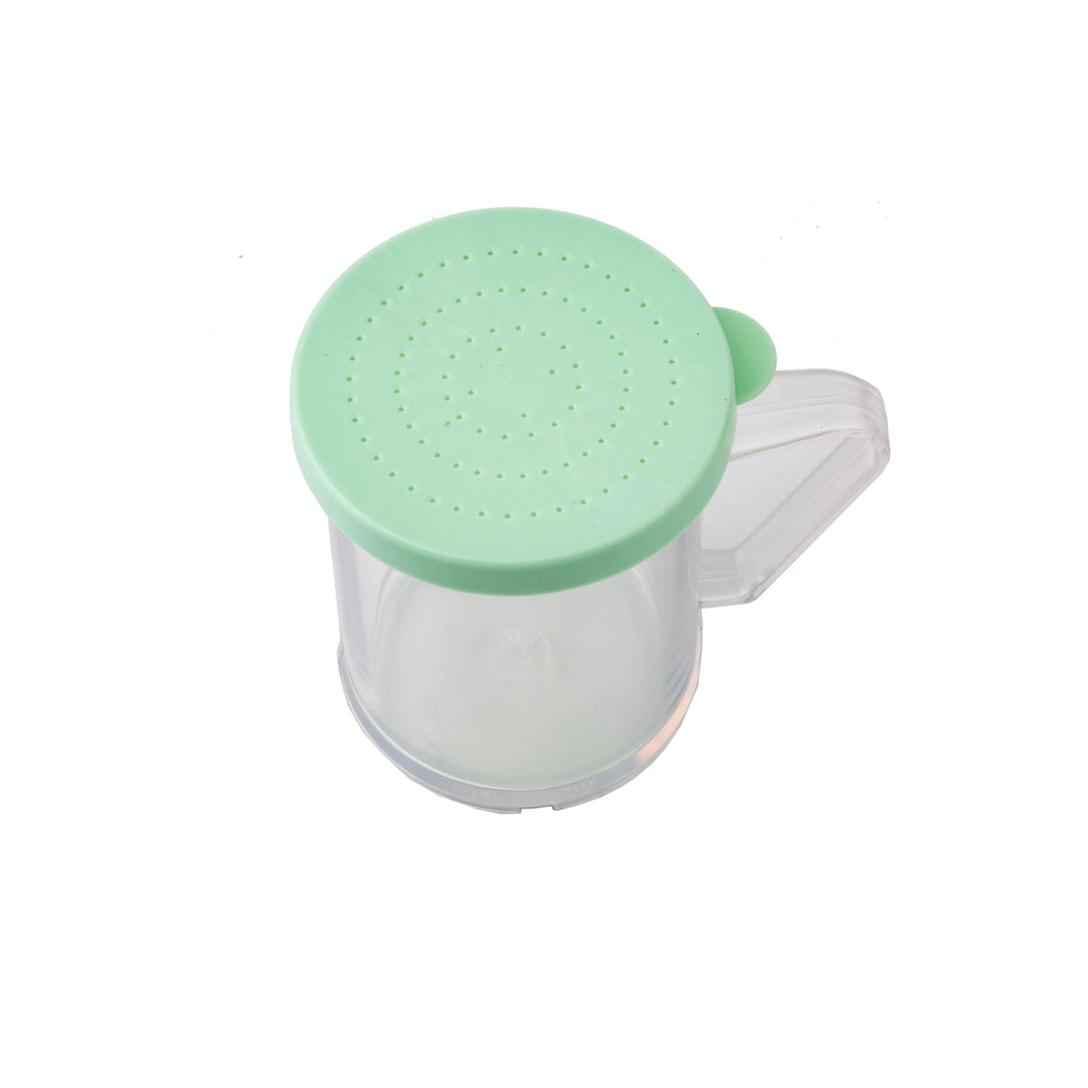 A transparent BPA-free plastic dredge shaker with a handle and a light green perforated lid, ideal for sprinkling fine ground spices. The evenly spaced holes in the lid ensure precise seasoning, all photographed against a plain white background.