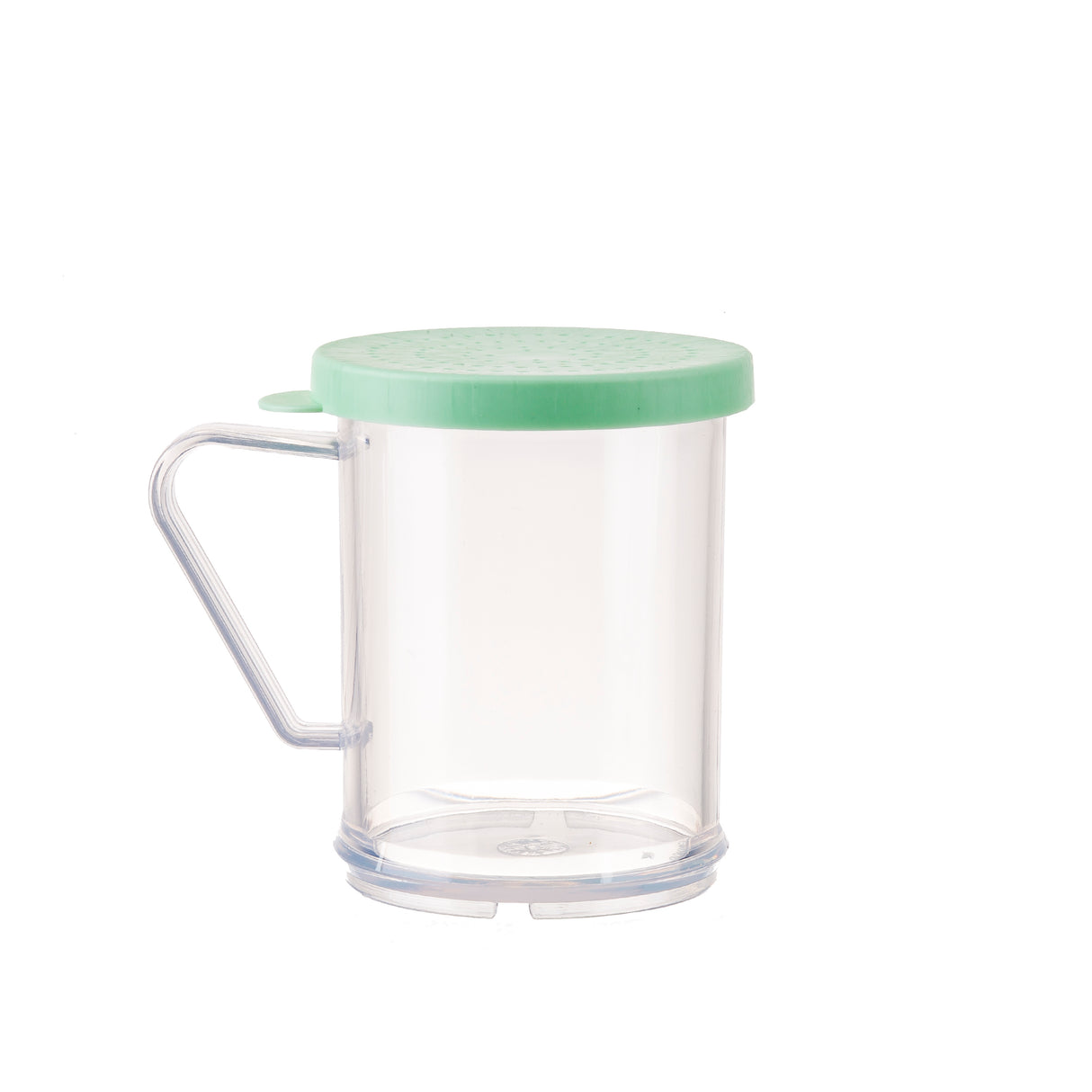 A transparent plastic dredge shaker with a flat, mint green lid and clear handle sits empty against a white background. Its simple, cylindrical design makes it perfect for dispensing fine ground spices and it's dishwasher safe for easy cleaning.
