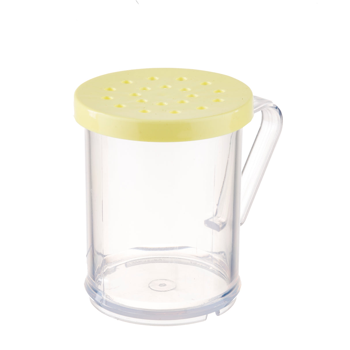 A clear plastic dredge shaker with a yellow perforated lid and a handle, resembling a cheese shaker. The cylindrical container is BPA free, with evenly spaced holes in the lid for easy dispensing of contents.