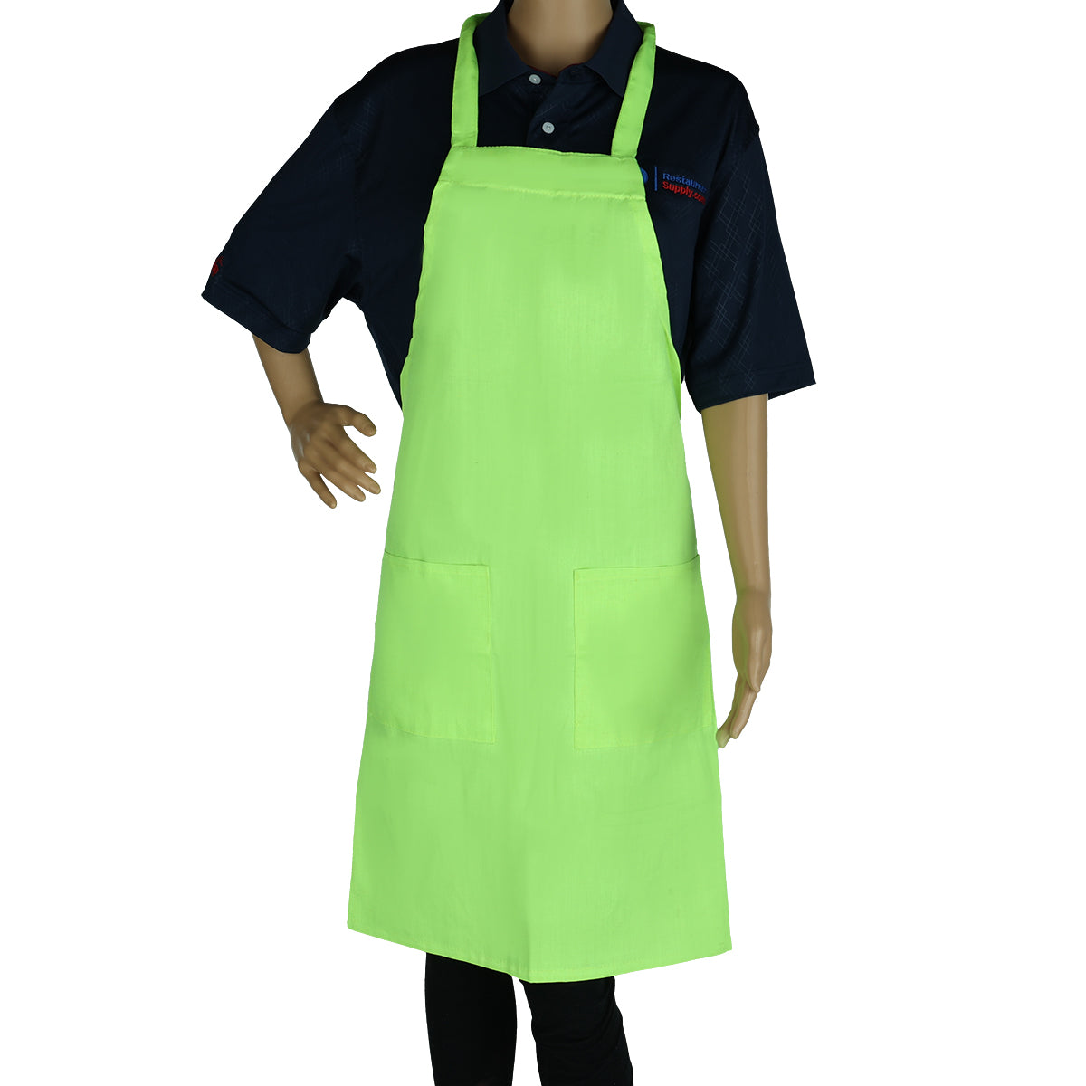 A mannequin wears a black collared shirt and a bright lime green, chef approved bib apron with two large front pockets. Made from a durable poly-cotton blend, the apron has a neck loop and waist ties. The mannequin’s left hand rests on its hip against a plain white background.