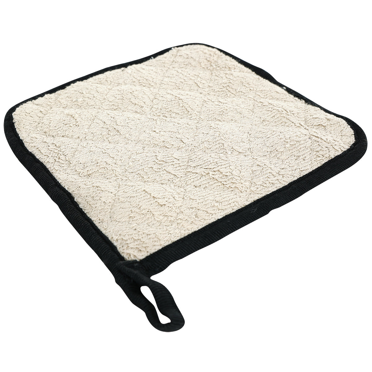 A beige, textured terry cloth pot holder with a black fabric border and a small hanging loop, shown on a white background. The soft, quilted surface offers heat protection and is machine washable for easy care.