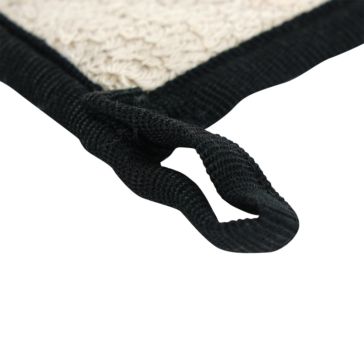 Close-up of a beige terry cloth fabric with a thick black border. Attached to the border is a sturdy black loop, likely for hanging. The pot holder is set against a white background, highlighting its texture and details.
