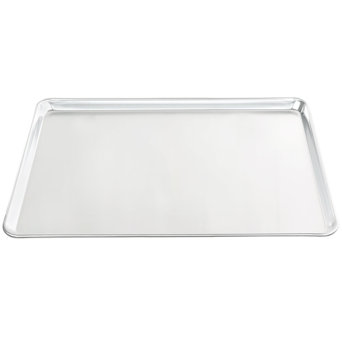 A full size, heavy weight aluminum sheet pan with a raised, smooth edge on all sides is shown on a white background. The flat, shiny surface of the tray reflects light beautifully.