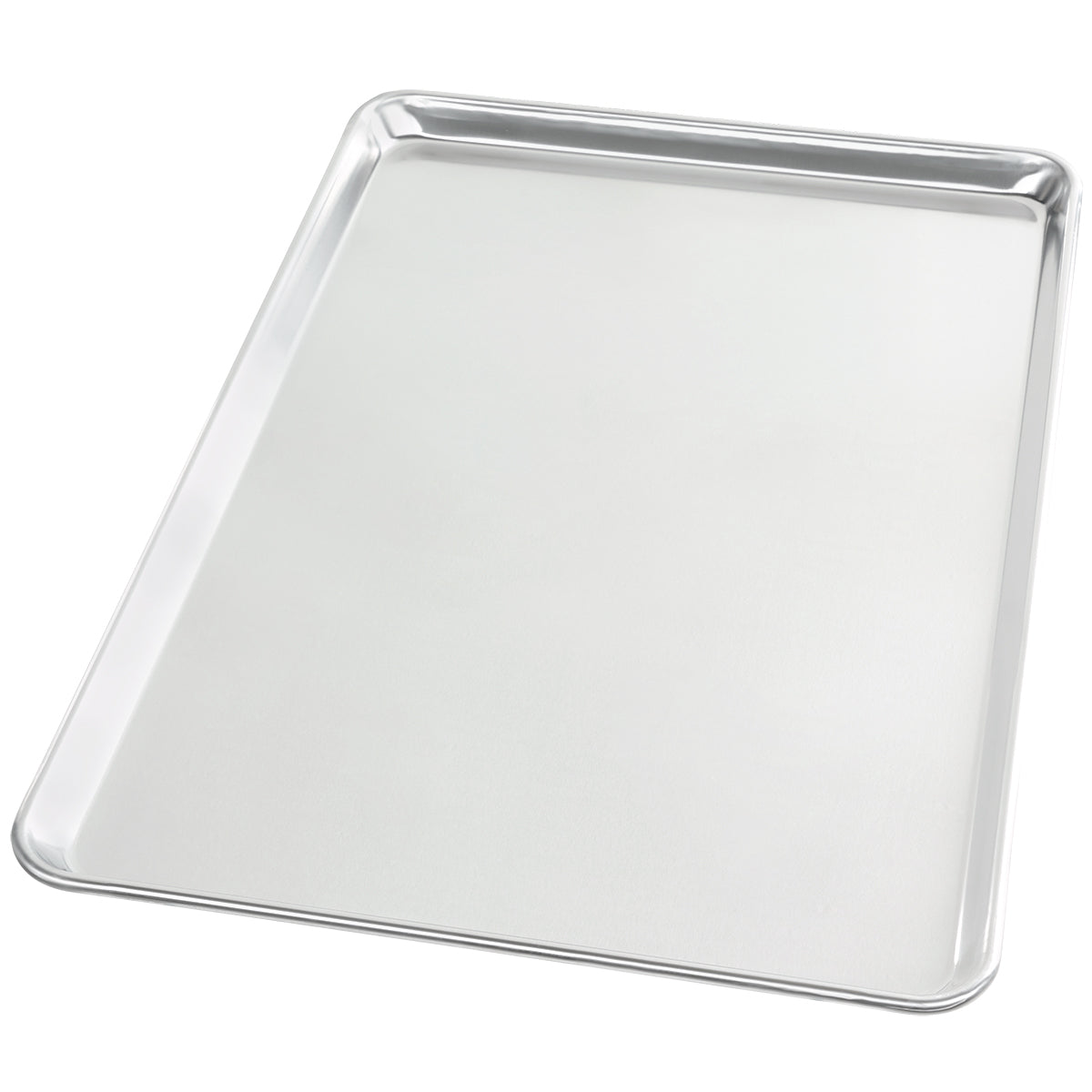 A full size, heavy weight aluminum sheet pan with a raised edge on all sides sits empty on a white background. Its smooth, shiny surface is clearly visible, and the tray is photographed at an angle.