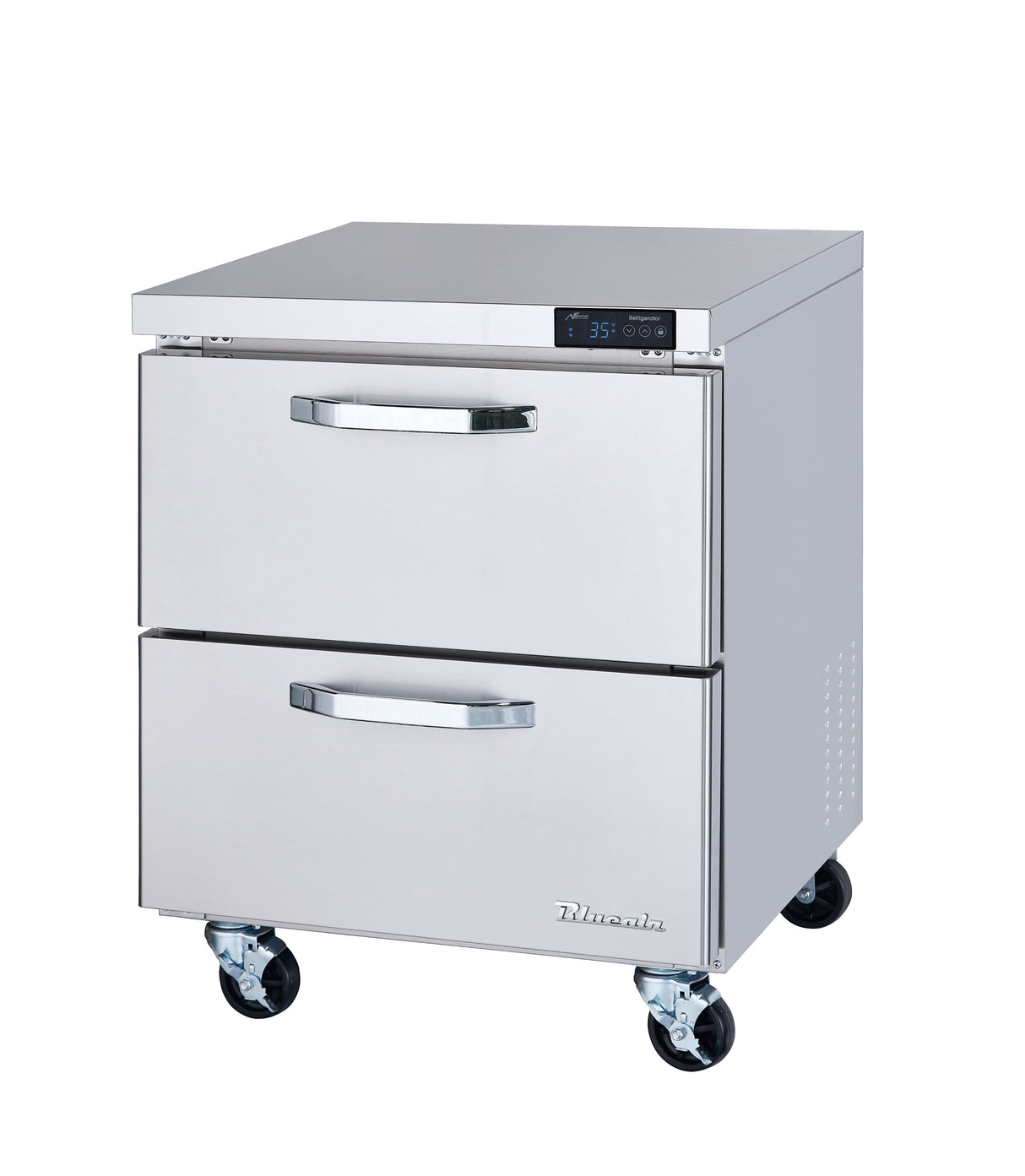 A one-section, stainless steel Undercounter Refrigerator with two drawers sits on four black caster wheels. The compact, industrial unit features a digital control panel on the top right and horizontal handles on both drawers.