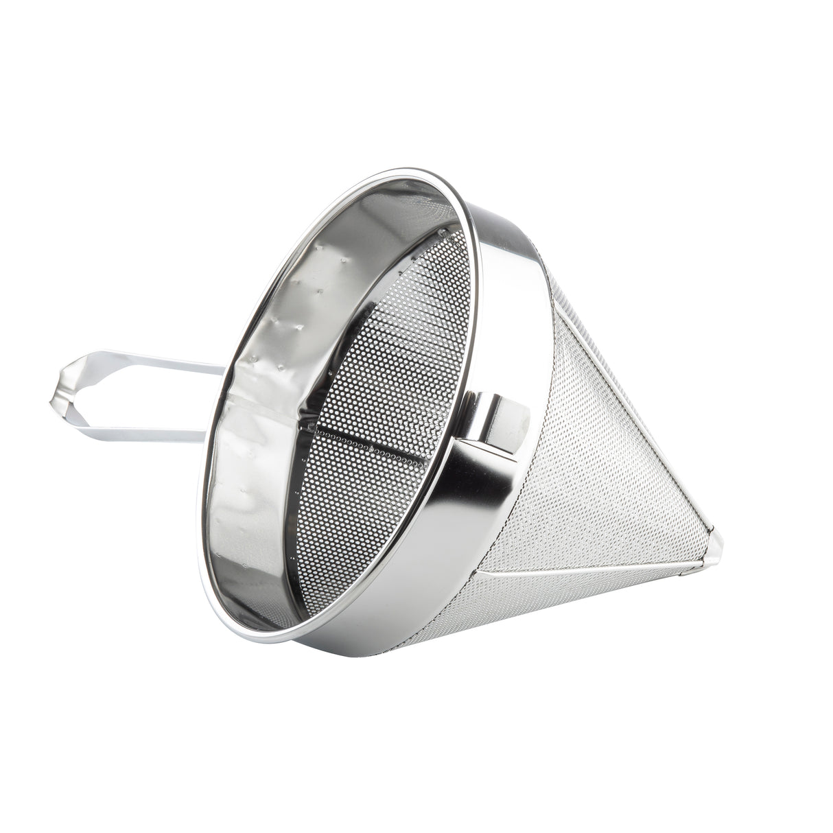 A stainless steel China Cap Strainer with a fine mesh body, sturdy rim, and flat handle. The angled strainer displays its deep cone shape and texture for easy holding, all set against a white background.