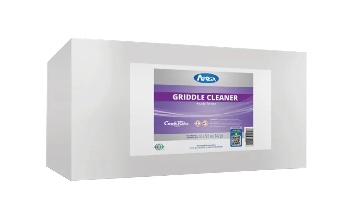A white rectangular box with a purple and white label reading Aterra Griddle Cleaner Ready to Use. This high temperature griddle cleaner is designed for Atosa USA griddles, featuring text, icons, and a QR code on the label.