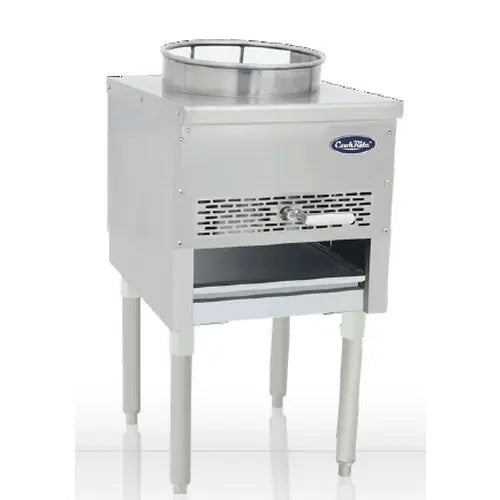 A stainless steel commercial kitchen appliance with four legs, a circular top opening, and a vented front panel. The CookRite logo and control knob highlight this heavy-duty wok range, ideal for Chinese wok-style dishes with stainless steel construction.