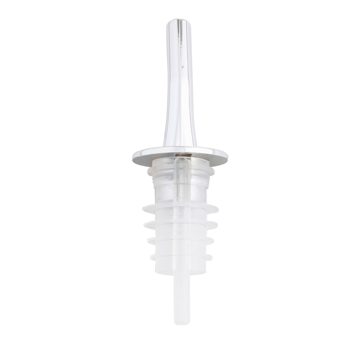 A clear, BPA free plastic whiskey pourer with a long, narrow spout and ridged, tapered base fits bottle necks perfectly. The upright spout is centered against a white background.
