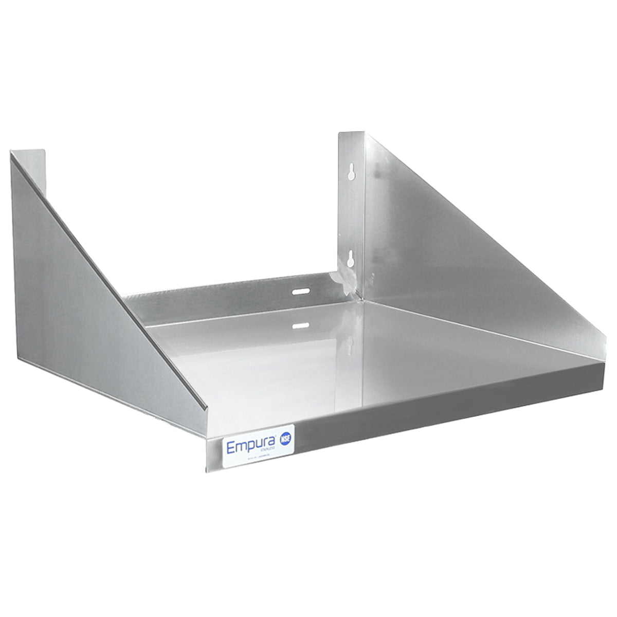 A stainless steel wall mount microwave shelf with angled side supports, a flat rectangular surface, and NSF-rated mounting holes in the back. The smooth front edge features a small Empura label. The shelf is empty and shown on a white background.