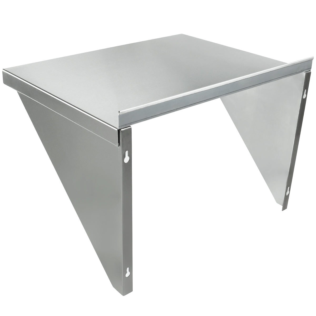 A stainless steel wall mount storage shelf with a flat rectangular surface and two angled supports on each side. The supports feature keyhole slots for mounting. This NSF-certified shelf has clean lines, a metallic finish, and appears sturdy and functional.