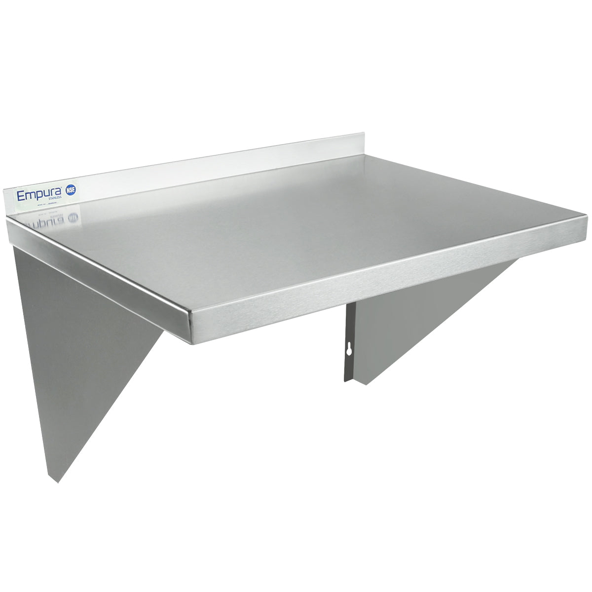 A stainless steel wall-mount storage shelf with angled triangular brackets and a raised rear edge for stability. NSF certified, it features a smooth, reflective surface and a small Empura brand label, offering minimalist, industrial style.