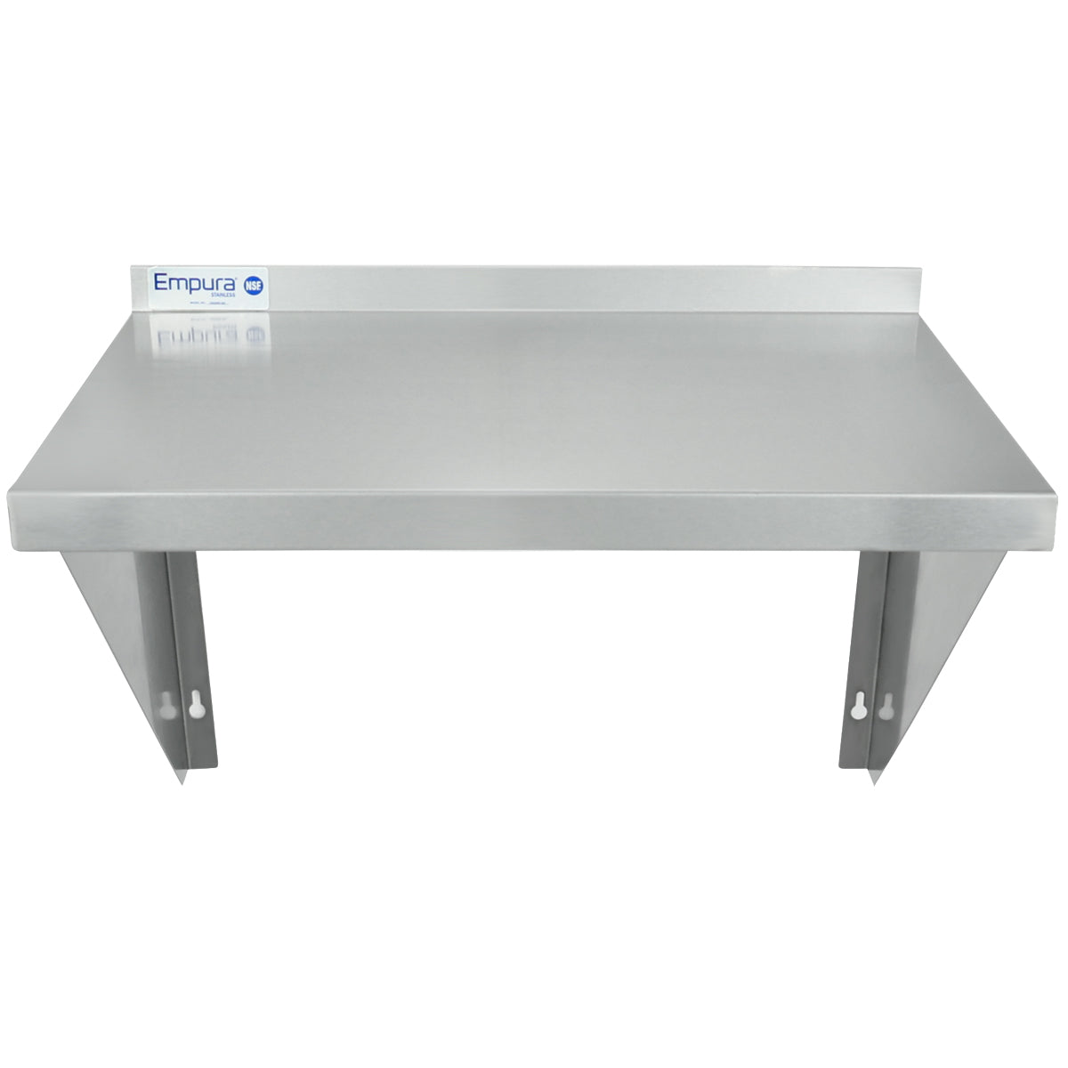 This NSF stainless steel shelf features a raised back edge and Empura label in blue. The wall mount storage shelf includes two sturdy triangular brackets with mounting holes, offering smooth, clean, and reliable support for your kitchen essentials.