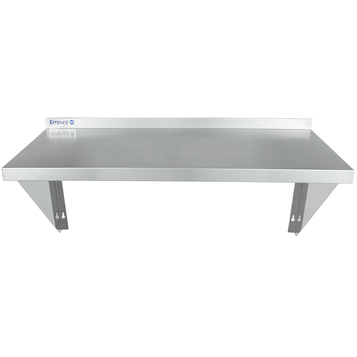 A stainless steel wall mount storage shelf with a raised back edge and two sturdy triangular support brackets. NSF certified, the Empura-branded shelf is ideal for kitchens or commercial spaces.