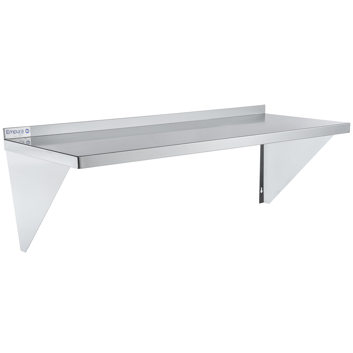 A silver NSF-certified stainless steel shelf with a backsplash, featuring two triangular support brackets and a flat surface for storage. The Empura label is visible on the left bracket, and the wall mount storage shelf is set against a plain white background.