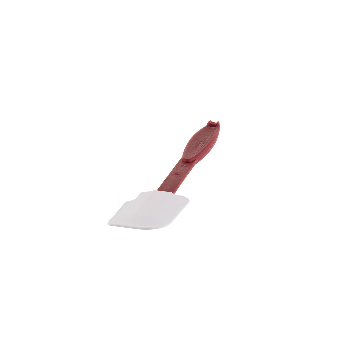 A white silicone blade spatula with a flat, rectangular blade and maroon handle is positioned diagonally on a white background. The handle has a slight curve, a hanging hole, and the spatula is dishwasher safe for easy cleaning.