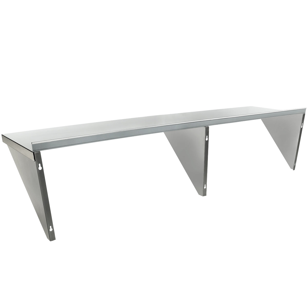 This NSF stainless steel wall mount storage shelf features three triangular support brackets for durability. Its smooth, metallic finish offers a sleek look, and the shelf is shown isolated on a white background.
