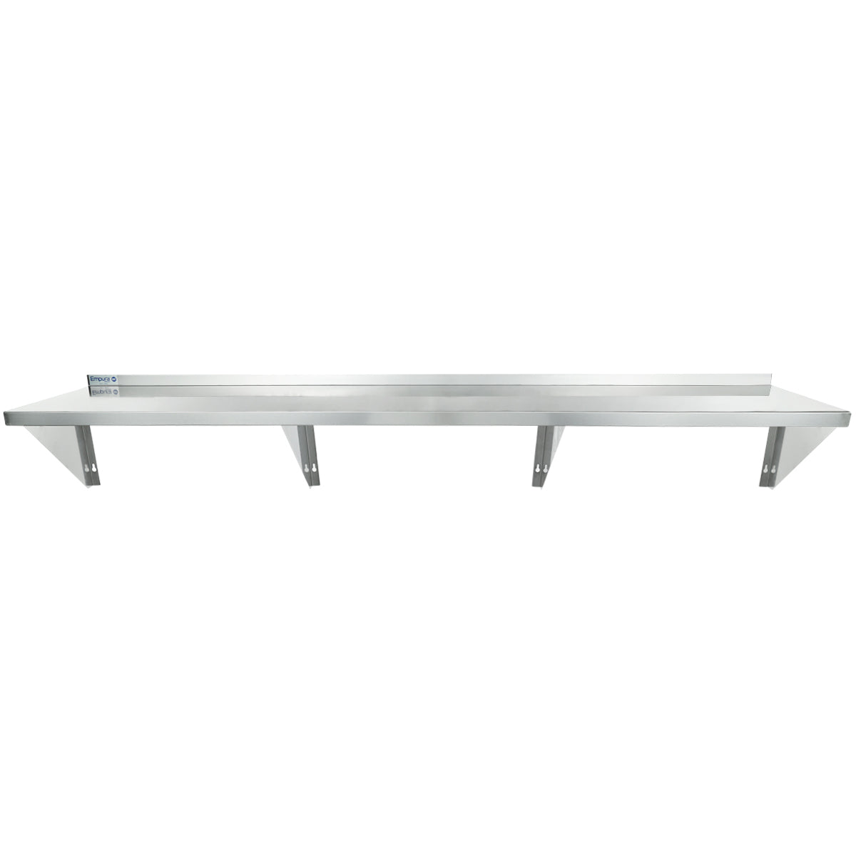 A long, heavy duty stainless steel shelf with a backsplash and three supporting brackets underneath. This wall mount storage shelf features a clean, modern design and is photographed against a plain white background.