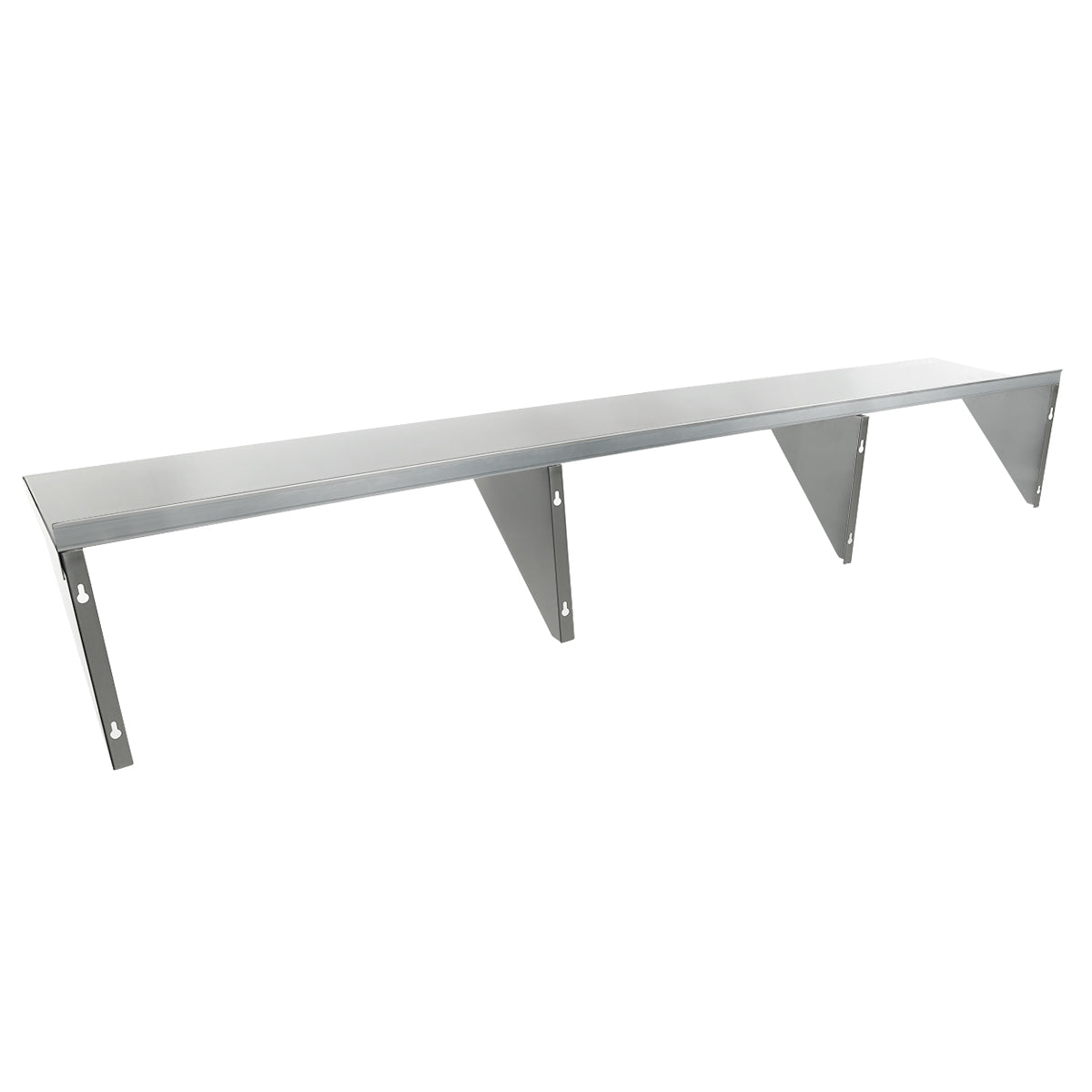 A long, rectangular, stainless steel shelf with four angled support brackets evenly spaced underneath. This heavy duty shelf features a smooth, reflective surface and visible screw holes for secure wall mount storage.