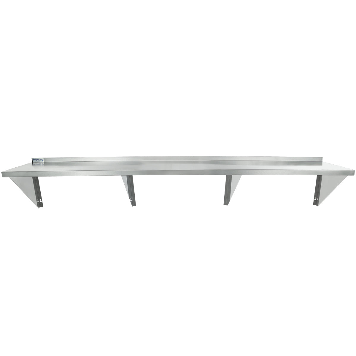 A long, wall-mounted stainless steel shelf with five angled metal support brackets provides heavy duty shelf storage. The raised back edge and smooth surface make this Wall Mount Storage Shelf ideal for kitchens or workspaces. Background is plain white.