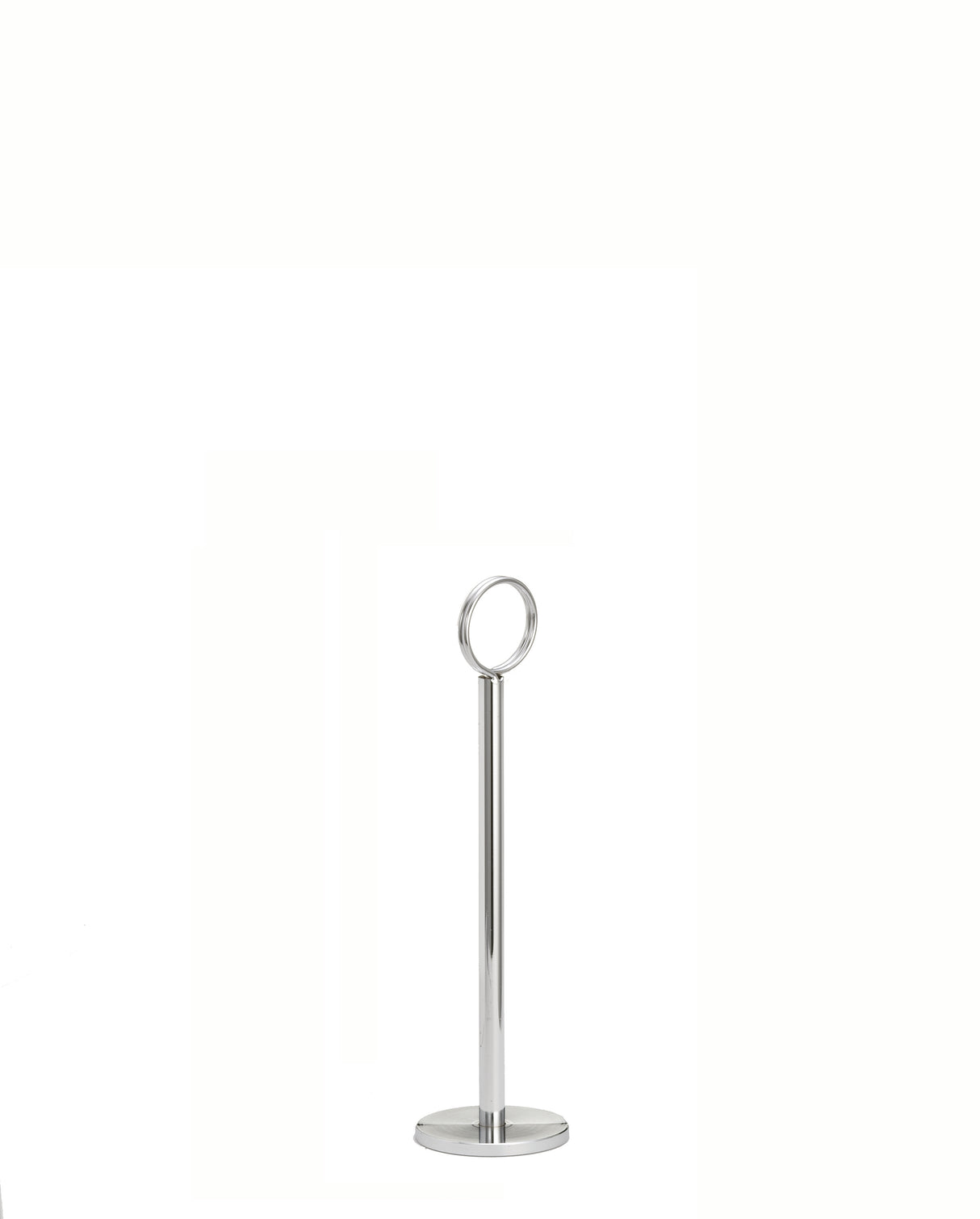 A sleek, modern chrome plated TableCraft number stand with a round base and a tall, thin pole ending in a circular ring at the top. The object is entirely silver-colored and stands against a plain white background.