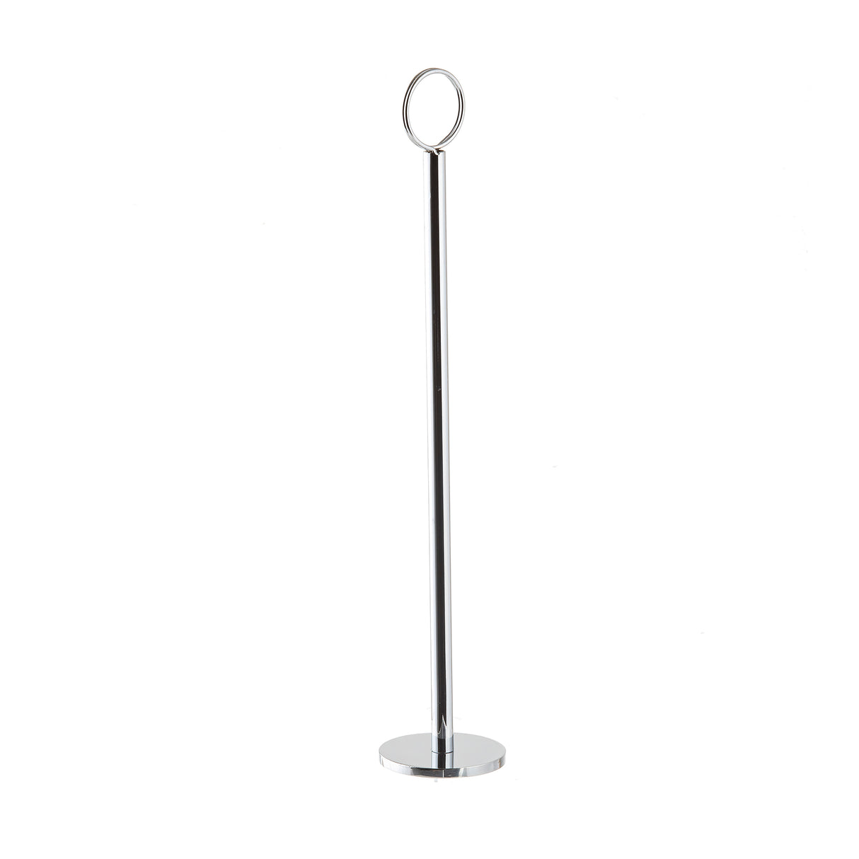 A tall, slender, chrome plated number stand with a circular base and a ring at the top, standing 18 inches high. The minimalist design features a reflective surface and no extra decorations, set against a plain white background.