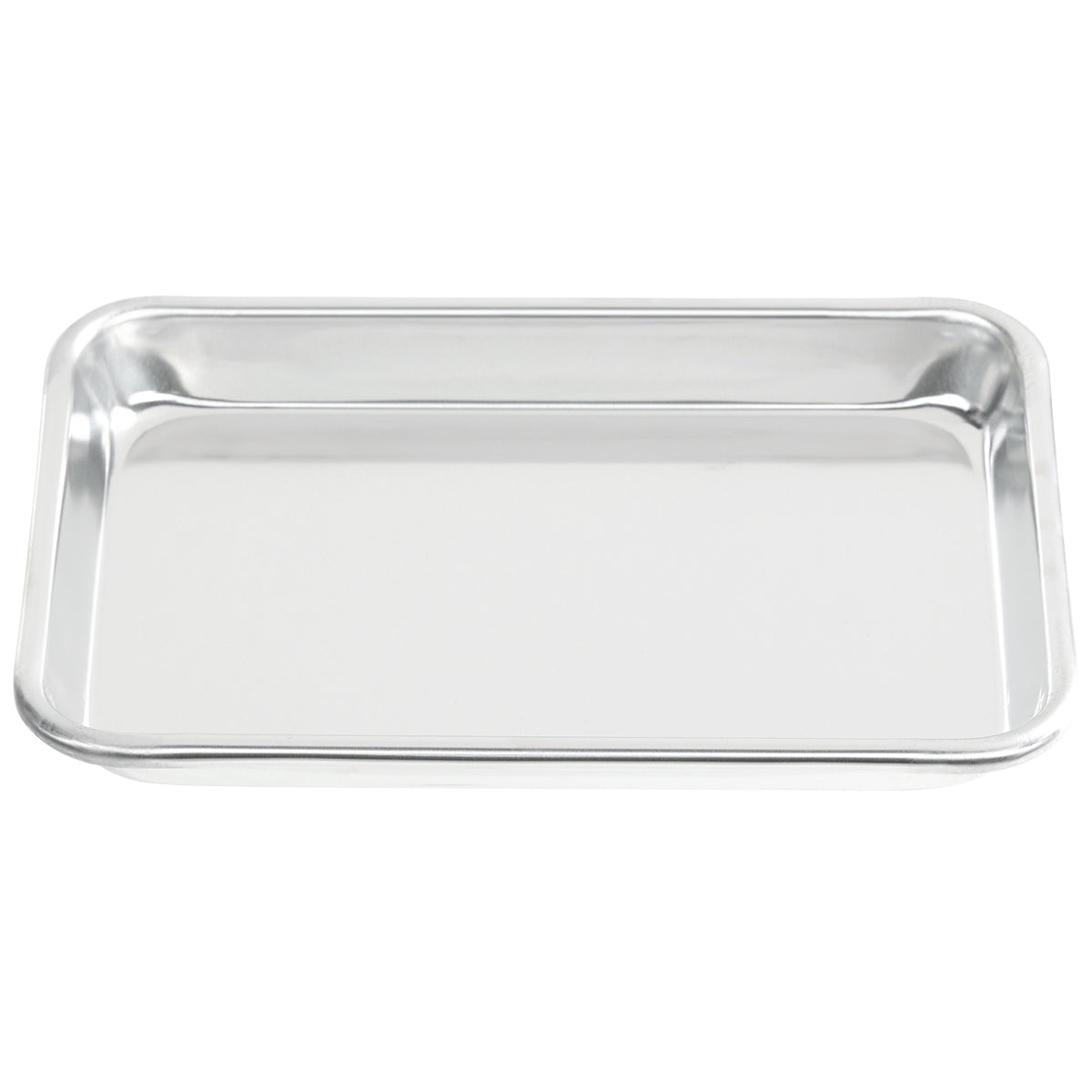 A shiny, empty rectangular sheet pan with raised edges is shown on a white background. Made of heavy duty aluminum, this 1/8 size tray is clean, reflective, and perfect for kitchens or serving food.