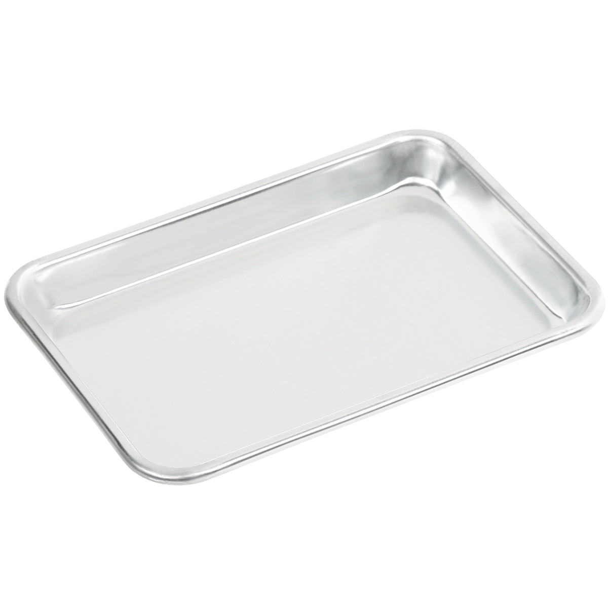 A shiny, rectangular 1/8 size stainless steel tray with slightly raised, rounded edges is shown on a white background. The tray is empty and has a smooth, reflective surface.