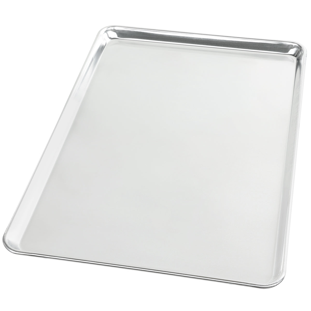 A large, empty full size rectangular sheet pan with raised edges, shown from a slight angle on a white background. Made of solid aluminum, the pan appears clean and shiny, reflecting light on its smooth surface.