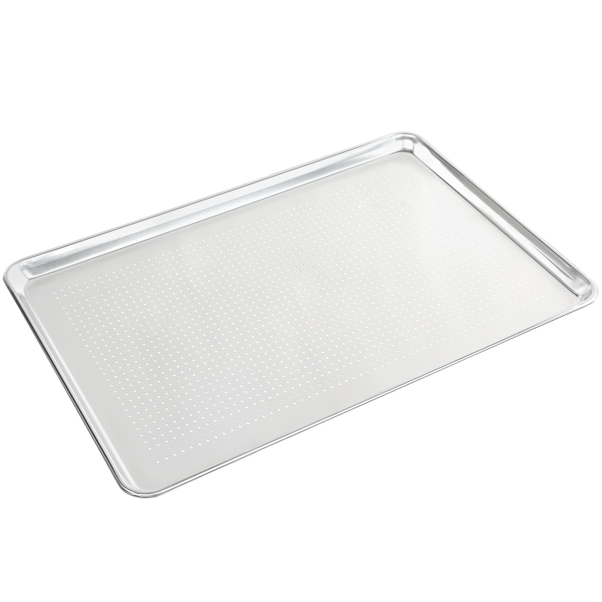 A full size, rectangular, perforated aluminum sheet pan with slightly raised edges is shown on a white background. The small holes across the surface ensure even air flow when baking.