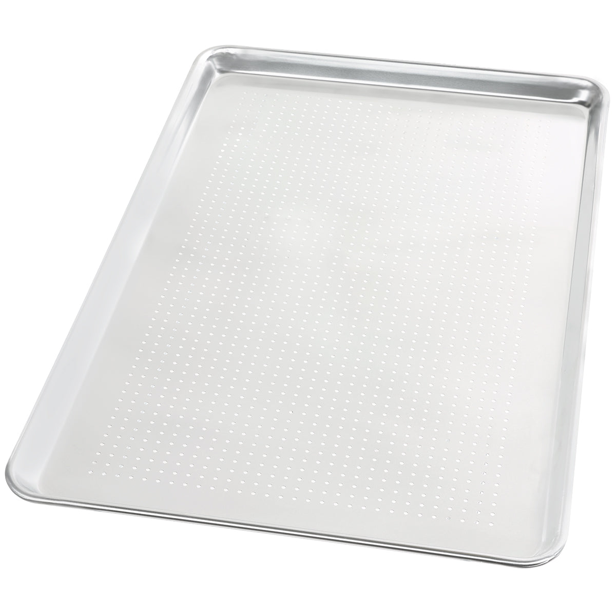 A full size, rectangular perforated aluminum sheet pan with slightly raised edges is shown on a white background. The small holes across the flat surface allow for optimal airflow during baking.